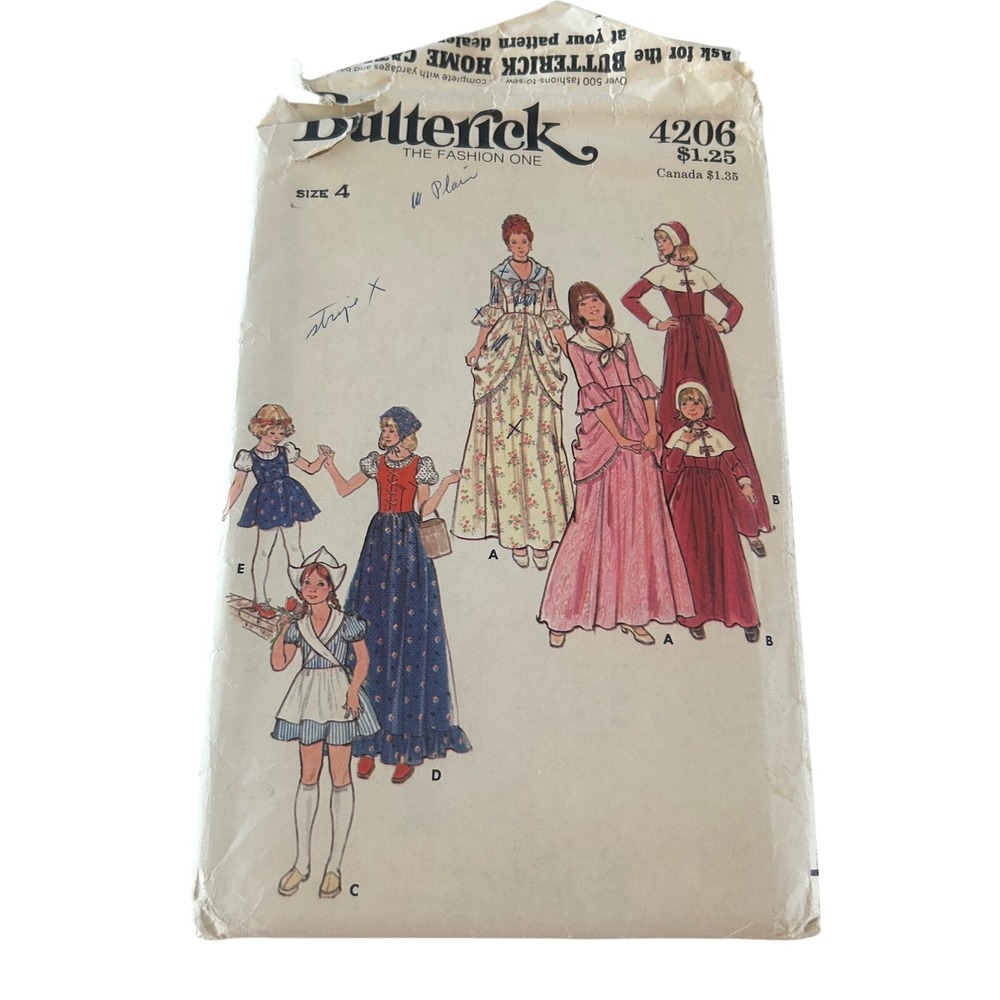 Butterick Sewing Pattern Girls Size 4 Multi Pilgrim Colonial Dutch Gypsy 4206
